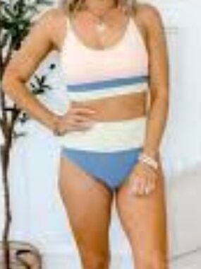 Striped Two-Piece Swim Set in Pastel Pink, Blue, and Cream